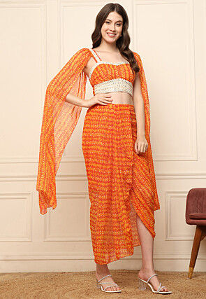 Digital Printed Chiffon Top Set in Orange