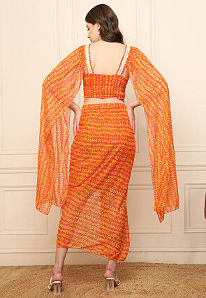 Digital Printed Chiffon Top Set in Orange