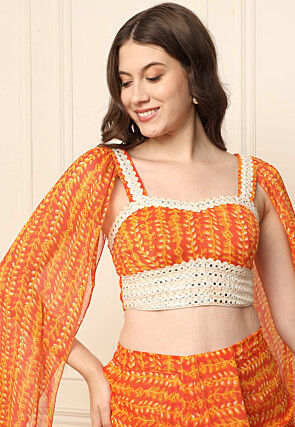 Digital Printed Chiffon Top Set in Orange