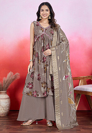Digital Printed Chinon Chiffon A Line Suit in Fawn