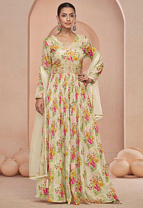 Digital Printed Chinon Chiffon Abaya Style Suit in Beige