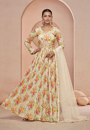 Digital Printed Chinon Chiffon Abaya Style Suit in Beige