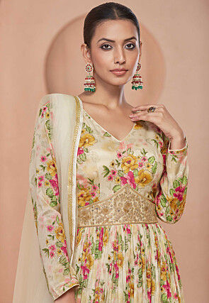 Digital Printed Chinon Chiffon Abaya Style Suit in Beige