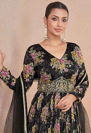 Digital Printed Chinon Chiffon Abaya Style Suit in Black