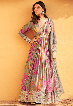 Digital Printed Chinon Chiffon Abaya Style Suit in Grey