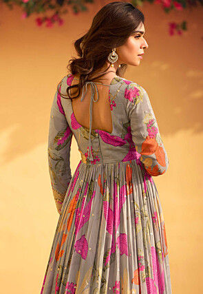 Digital Printed Chinon Chiffon Abaya Style Suit in Grey