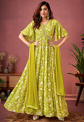Digital Printed Chinon Chiffon Abaya Style Suit in Light Green