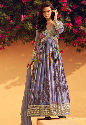 Digital Printed Chinon Chiffon Abaya Style Suit in Light Purple