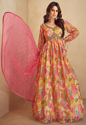 Digital Printed Chinon Chiffon Abaya Style Suit in Multicolor