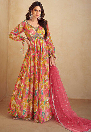 Digital Printed Chinon Chiffon Abaya Style Suit in Multicolor
