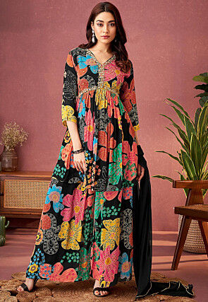 Digital Printed Chinon Chiffon Abaya Style Suit in Multicolor