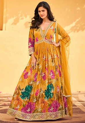 Digital Printed Chinon Chiffon Abaya Style Suit in Mustard
