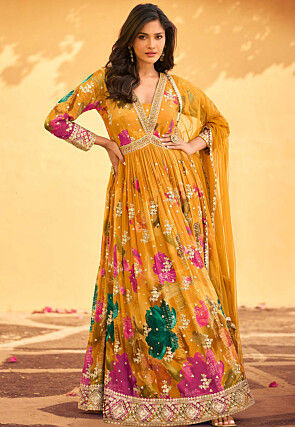 Digital Printed Chinon Chiffon Abaya Style Suit in Mustard