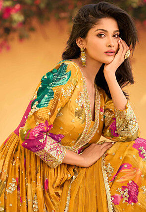 Digital Printed Chinon Chiffon Abaya Style Suit in Mustard