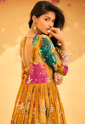 Digital Printed Chinon Chiffon Abaya Style Suit in Mustard