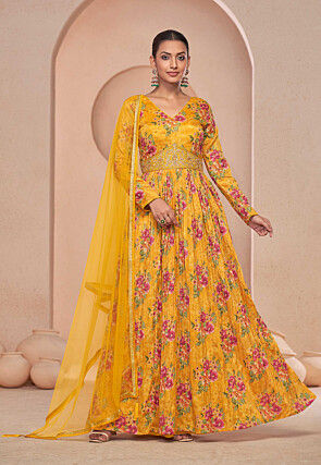 Digital Printed Chinon Chiffon Abaya Style Suit in Mustard