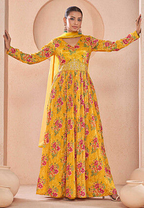 Digital Printed Chinon Chiffon Abaya Style Suit in Mustard