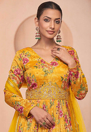 Digital Printed Chinon Chiffon Abaya Style Suit in Mustard