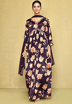 Digital Printed Chinon Chiffon Abaya Style Suit in Navy Blue