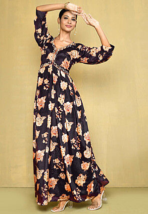 Digital Printed Chinon Chiffon Abaya Style Suit in Navy Blue