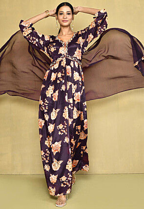Digital Printed Chinon Chiffon Abaya Style Suit in Navy Blue