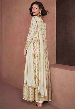Digital Printed Chinon Chiffon Abaya Style Suit in Off White