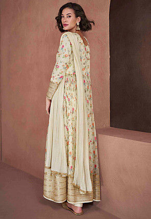 Digital Printed Chinon Chiffon Abaya Style Suit in Off White