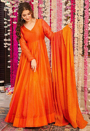 Digital Printed Chinon Chiffon Abaya Style Suit in Orange