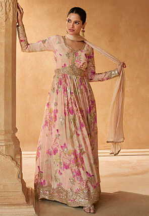 Digital Printed Chinon Chiffon Abaya Style Suit in Peach