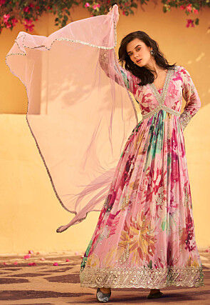 Digital Printed Chinon Chiffon Abaya Style Suit in Pink