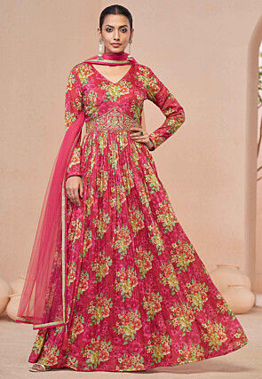 Digital Printed Chinon Chiffon Abaya Style Suit in Pink
