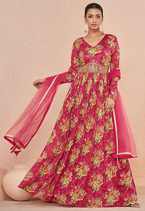 Digital Printed Chinon Chiffon Abaya Style Suit in Pink