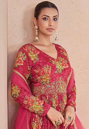 Digital Printed Chinon Chiffon Abaya Style Suit in Pink
