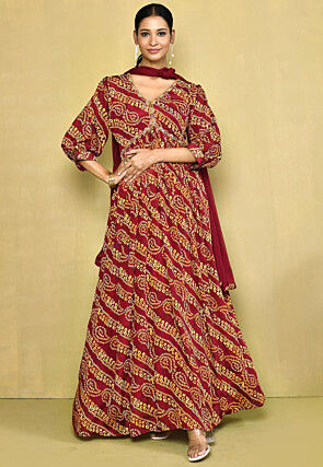 Digital Printed Chinon Chiffon Abaya Style Suit in Red