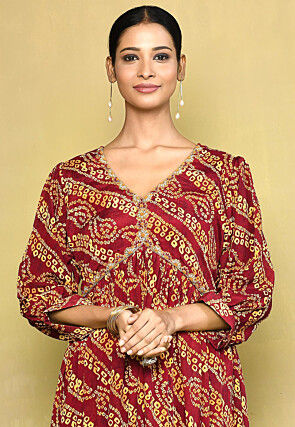 Digital Printed Chinon Chiffon Abaya Style Suit in Red