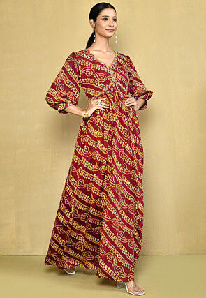 Digital Printed Chinon Chiffon Abaya Style Suit in Red