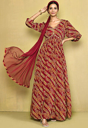 Digital Printed Chinon Chiffon Abaya Style Suit in Red