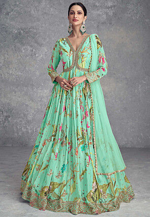 Digital Printed Chinon Chiffon Abaya Style Suit in Sea Green