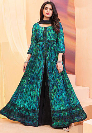 Digital Printed Chinon Chiffon Abaya Style Suit in Teal Blue