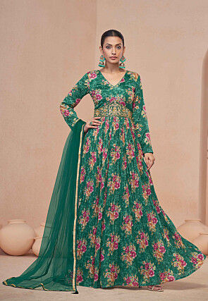 Digital Printed Chinon Chiffon Abaya Style Suit in Teal Green