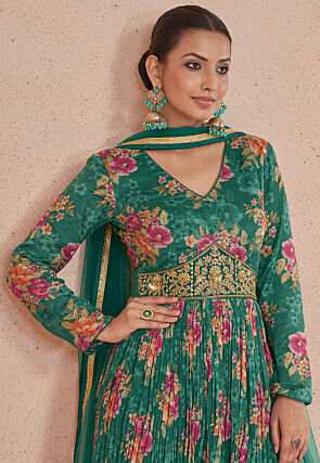 Digital Printed Chinon Chiffon Abaya Style Suit in Teal Green