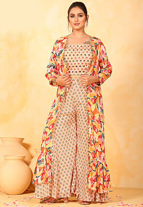 Digital Printed Chinon Chiffon Crop Top Set in Beige