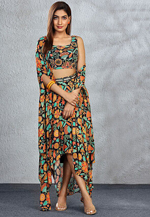 Digital Printed Chinon Chiffon Crop Top Set in Black