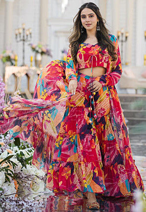 Digital Printed Chinon Chiffon Crop Top Set in Fuchsia