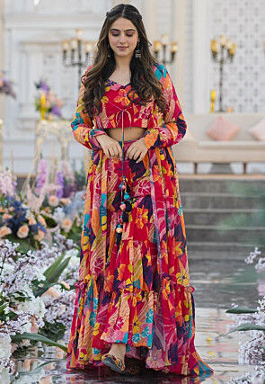 Digital Printed Chinon Chiffon Crop Top Set in Fuchsia