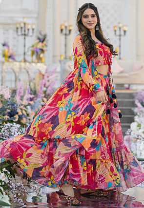 Digital Printed Chinon Chiffon Crop Top Set in Fuchsia