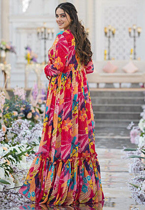 Digital Printed Chinon Chiffon Crop Top Set in Fuchsia