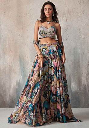 Digital Printed Chinon Chiffon Crop Top Set in Multicolor
