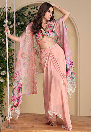 Digital Printed Chinon Chiffon Crop Top Set in Peach and Multicolor