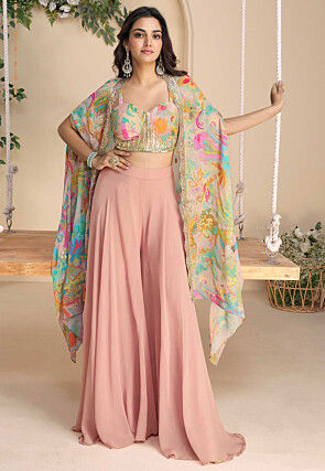 Digital Printed Chinon Chiffon Crop Top Set in Peach